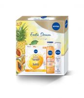 NIVEA EXOTIC DREAM Подаръчен комплект Део-спрей Original Care, 150 мл + Душ-гел Fresh Blends Apricot, 300 мл +  Q10 Energy Лист маска с коензим Q10 и Витамин C, 1 бр.
