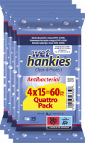 WET HANKIES CLEAN Антибактериални мокри кърпички 15 бр./оп., 2+2 бр.