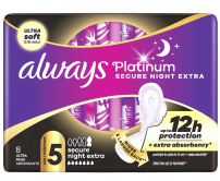 ALWAYS PLATINUM SECURE NIGHT EXTRA Нощни превръзки, 8бр.